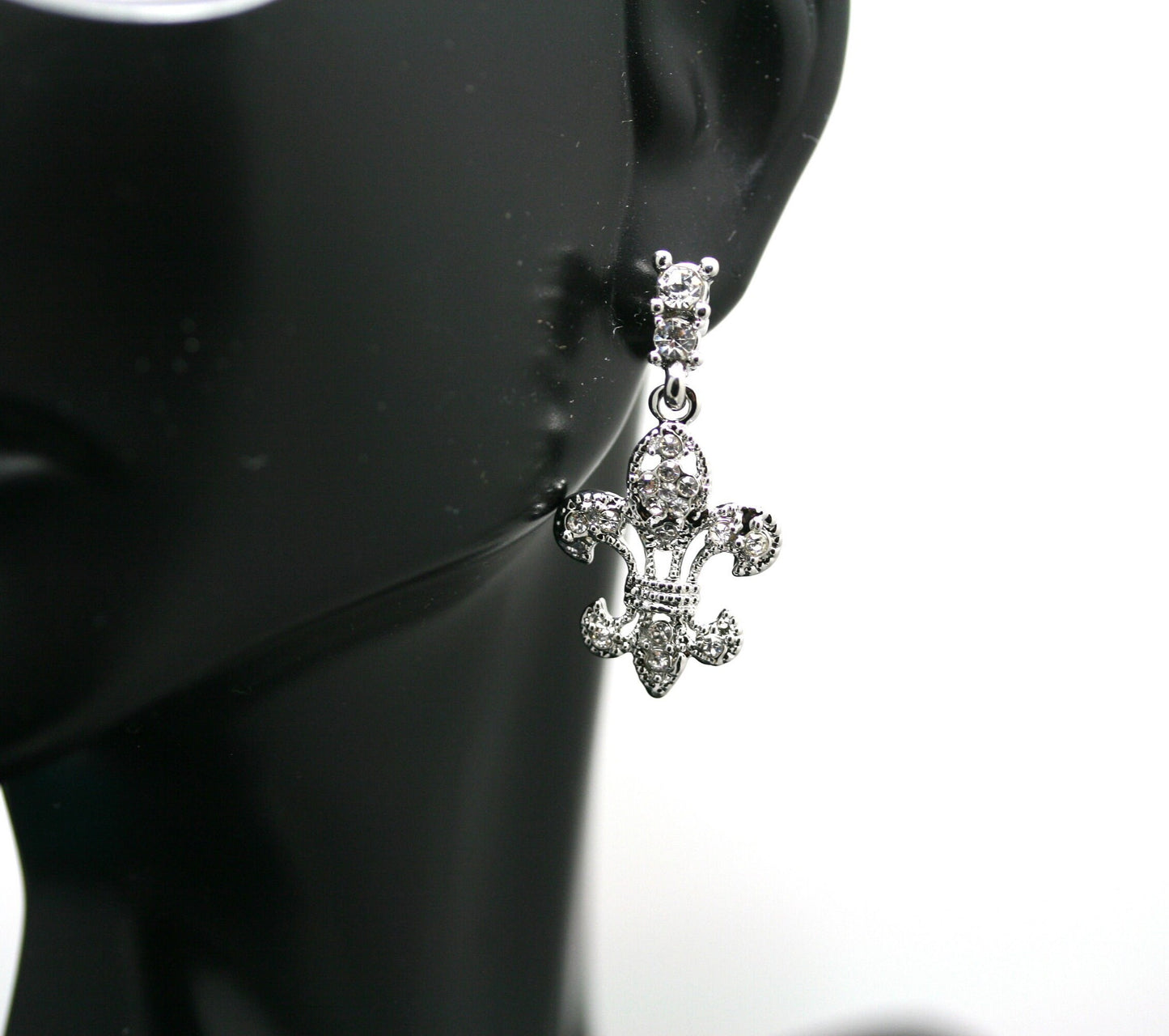 Clear Crystal Fleur De Lis Dangle Earrings, New Orleans Rhinestone Post Fleur De Lis Earrings