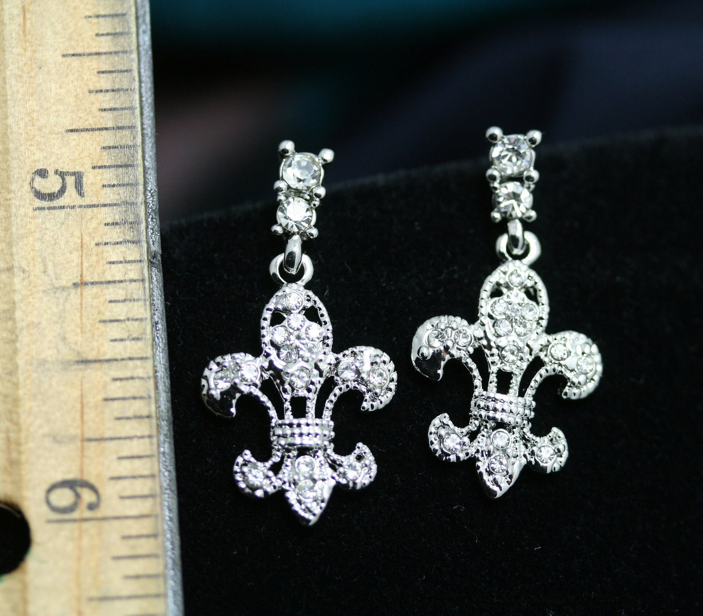 Clear Crystal Fleur De Lis Dangle Earrings, New Orleans Rhinestone Post Fleur De Lis Earrings