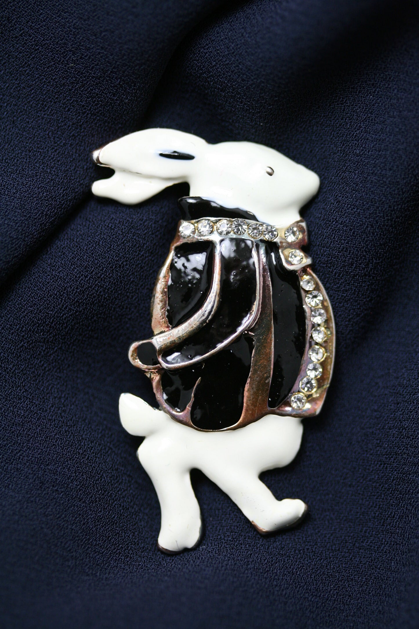 Rhinestone Easter Bunny Rabbit Brooch, Black & White Enamel Rabbit Lapel Pin Brooch