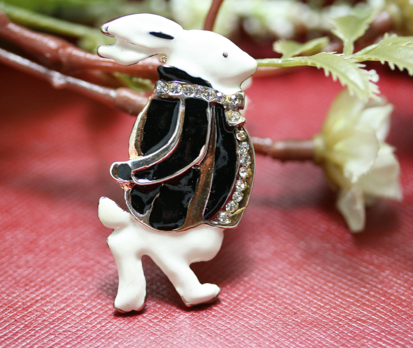 Rhinestone Easter Bunny Rabbit Brooch, Black & White Enamel Rabbit Lapel Pin Brooch