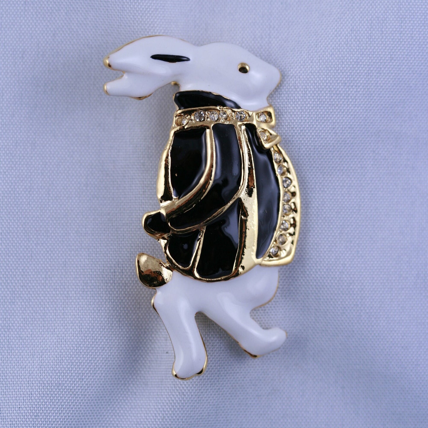 Rhinestone Easter Bunny Rabbit Brooch, Black & White Enamel Rabbit Lapel Pin Brooch