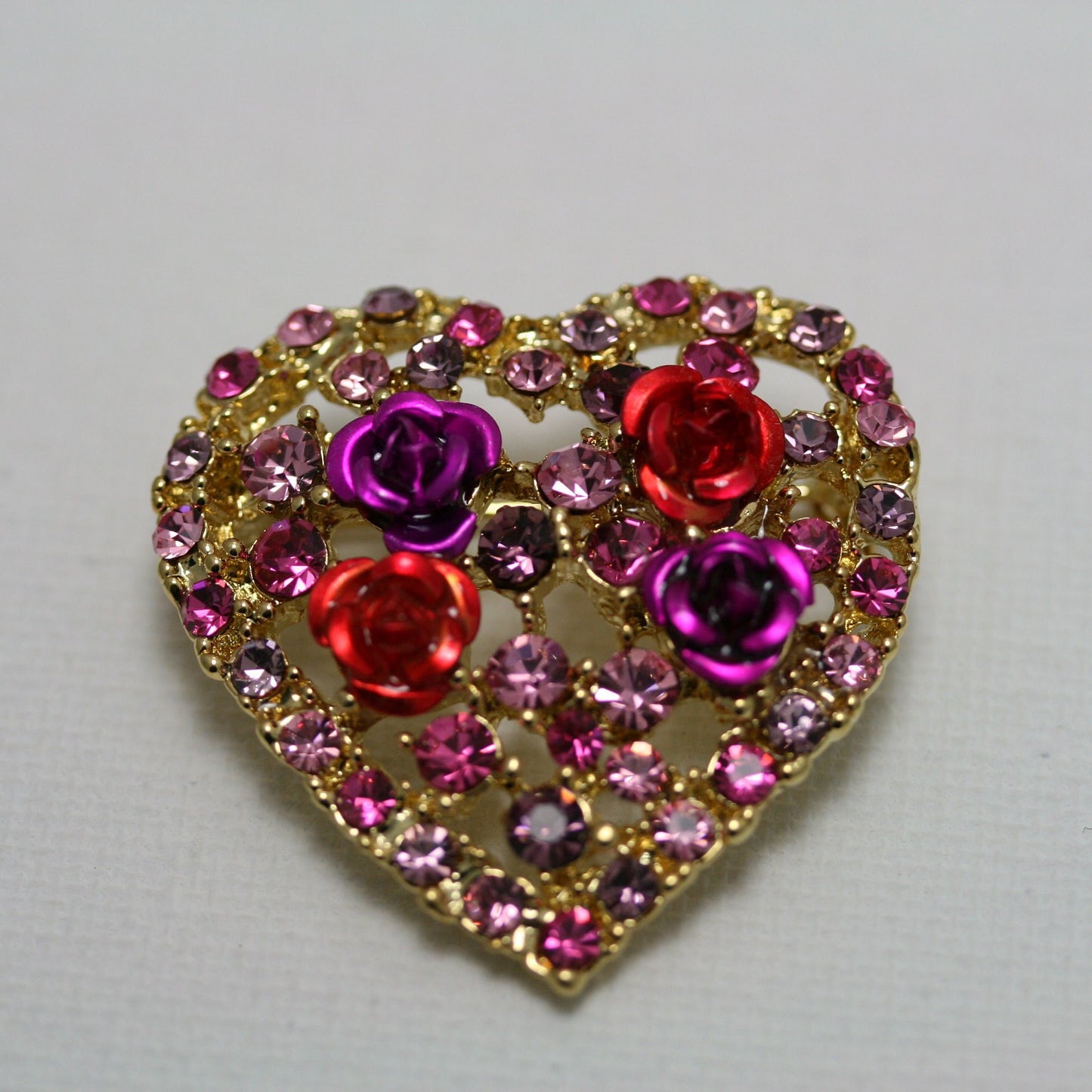 Rhinestone Valentine's Day Heart With Roses Pin Brooch, Valentine's Da Jewelry Gift For Her