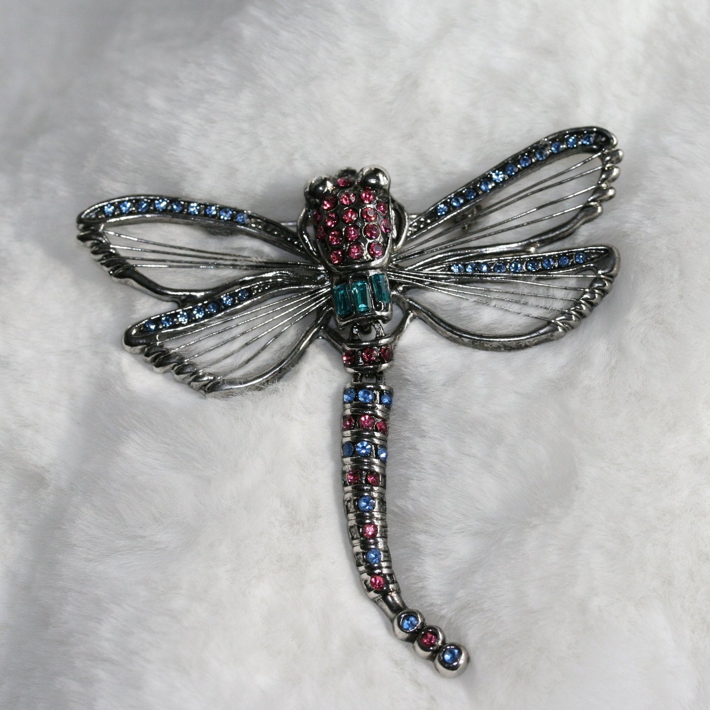 Vintage Dragonfly Rhinestone Head Wire Wings Articulated Tail Brooch Pin Dragonfly Statement Brooch