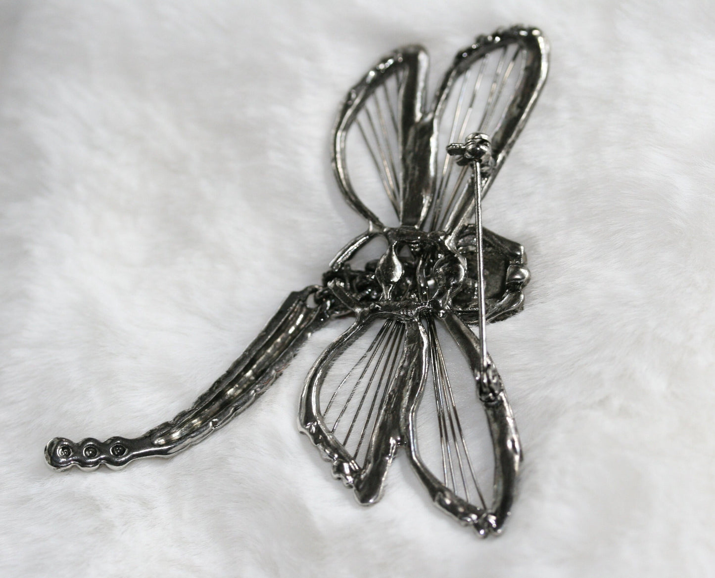 Vintage Dragonfly Rhinestone Head Wire Wings Articulated Tail Brooch Pin Dragonfly Statement Brooch
