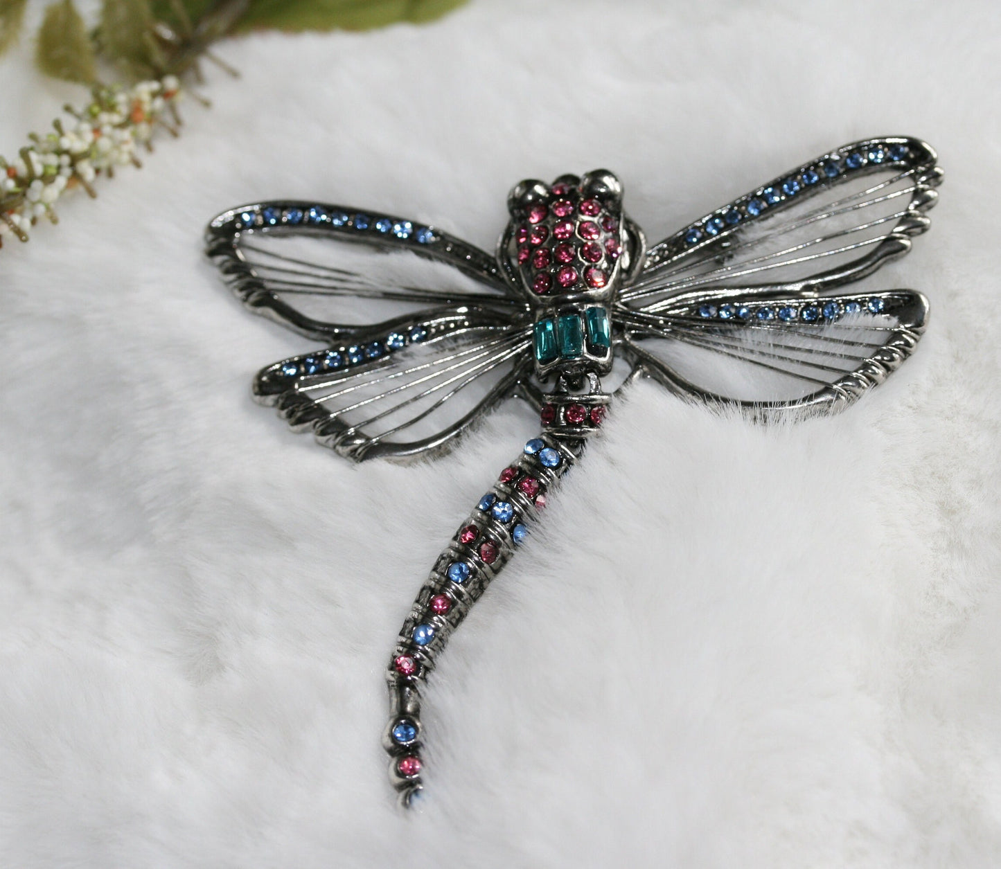Vintage Dragonfly Rhinestone Head Wire Wings Articulated Tail Brooch Pin Dragonfly Statement Brooch