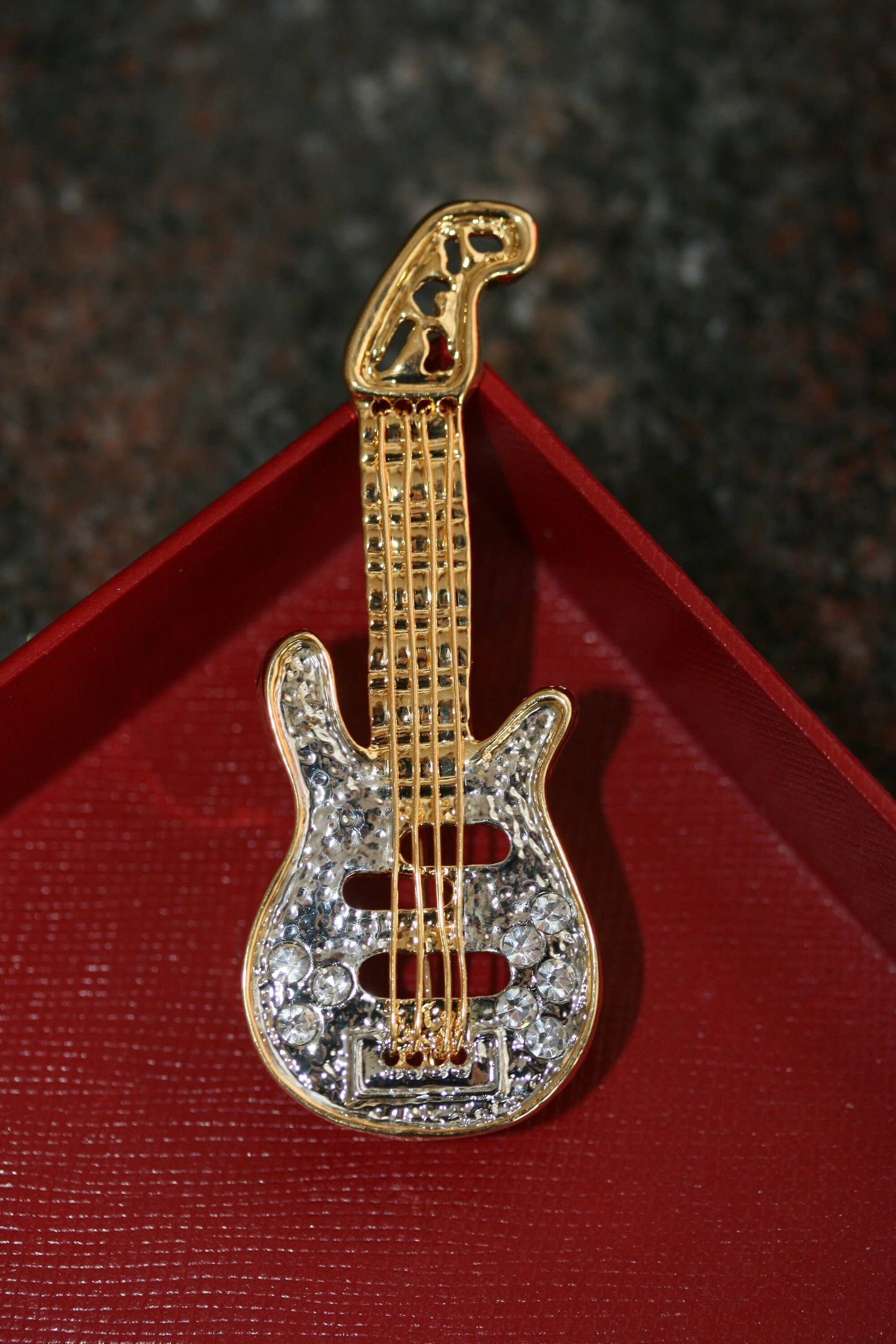 Golden Tone Clear Crystal Colored Rhinestones Acoustic Guitar, Electric Guitar Brooch Pin