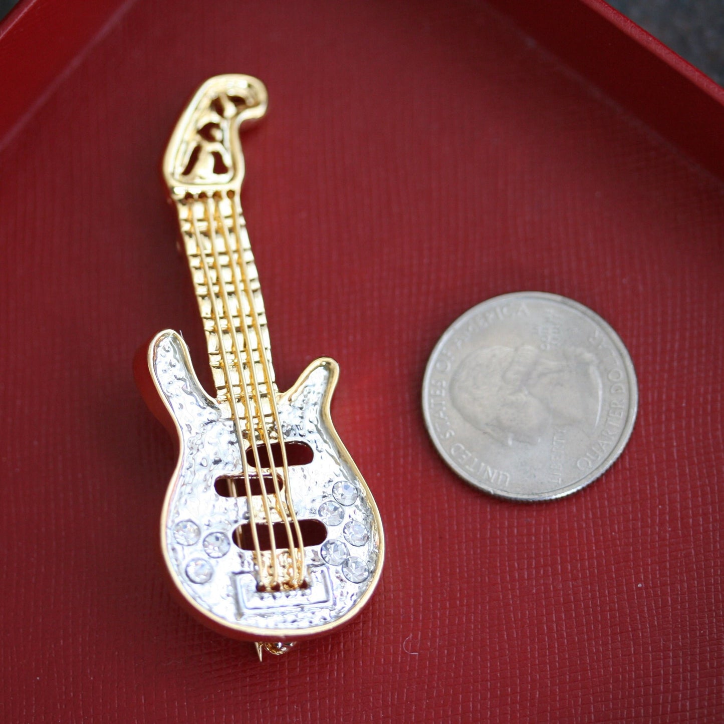 Golden Tone Clear Crystal Colored Rhinestones Acoustic Guitar, Electric Guitar Brooch Pin