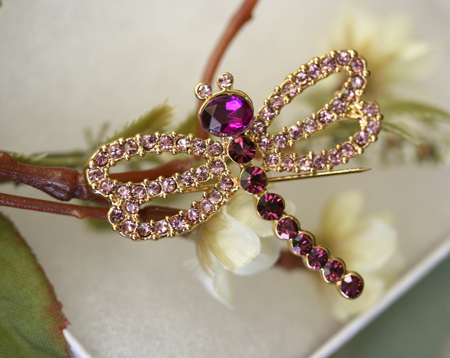 Vintage Dragonfly Brooch Handcrafted Rhinestone Spring Brooch Pin - Purple Crystal Dragonfly Brooch