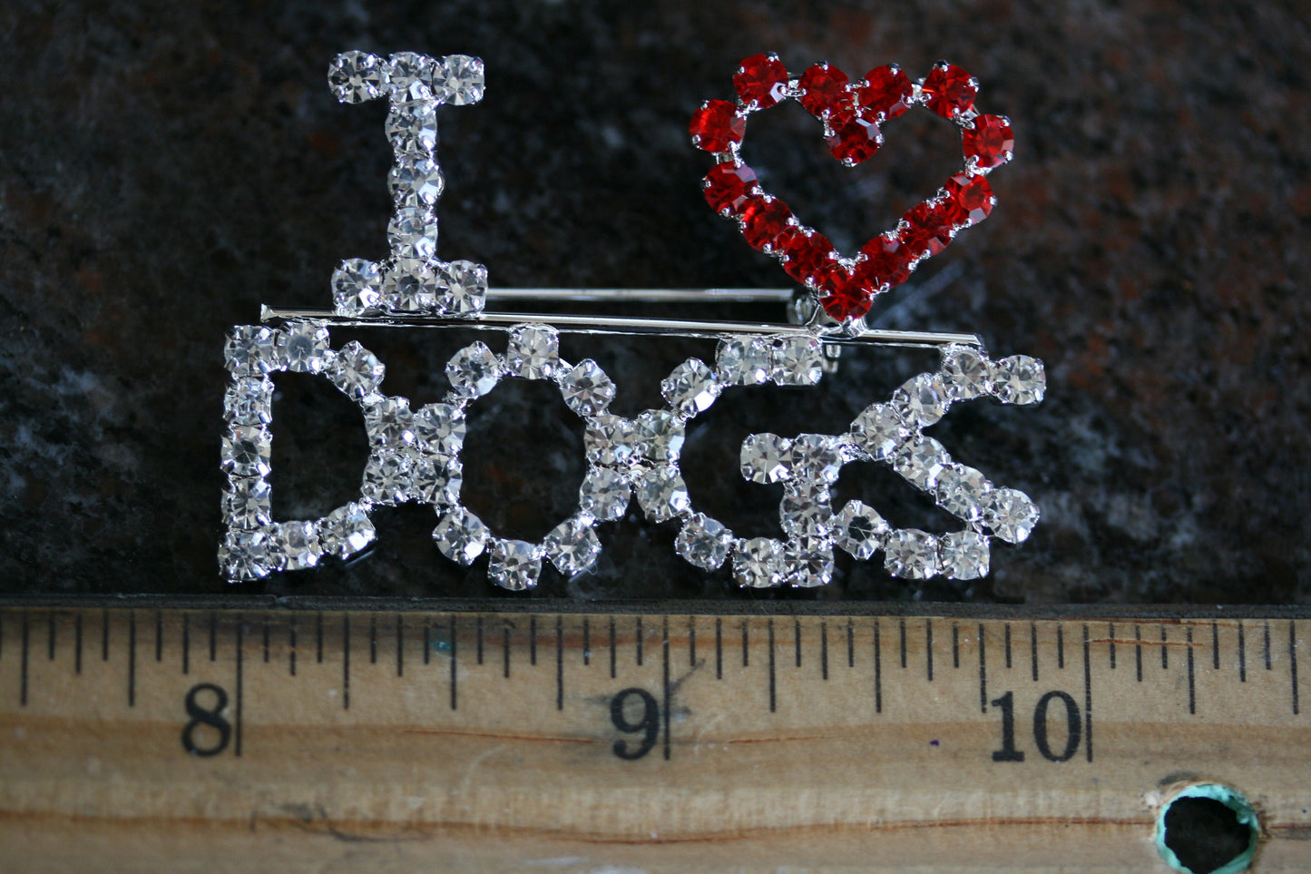 I Love Dogs Red Crystal Heart Brooch Silver Tone Rhinestone Puppy Dog Pin