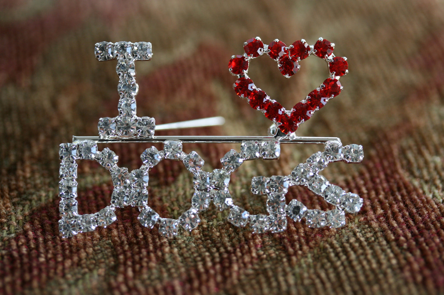 I Love Dogs Red Crystal Heart Brooch Silver Tone Rhinestone Puppy Dog Pin