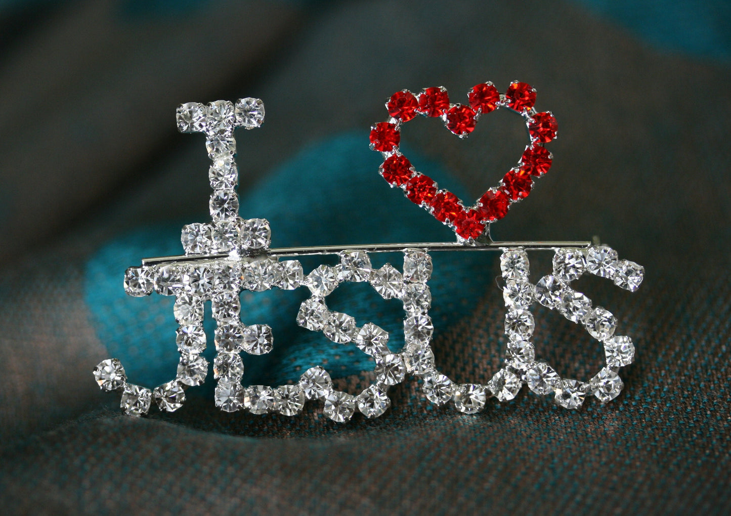 Rhinestone I Love Jesus Pin Brooch Austrian Crystal Handmade "I Love Jesus" Lapel Pin