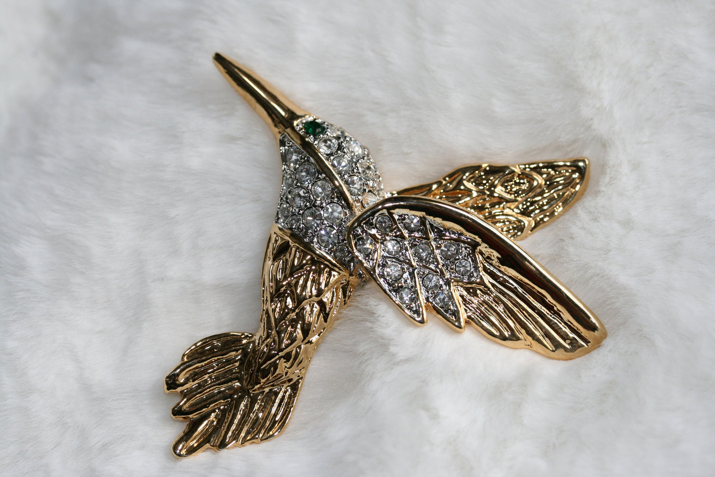 Vintage Two-Tone Clear Rhinestone Green Eye Hummingbird Brooch Pin