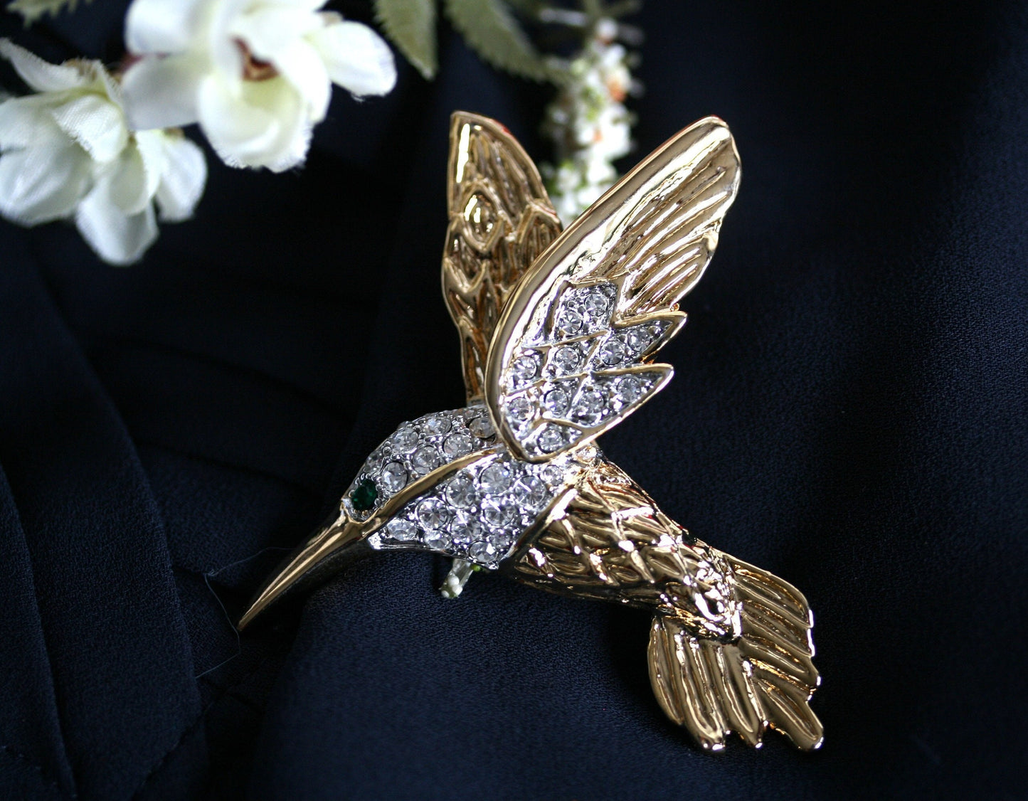 Vintage Two-Tone Clear Rhinestone Green Eye Hummingbird Brooch Pin