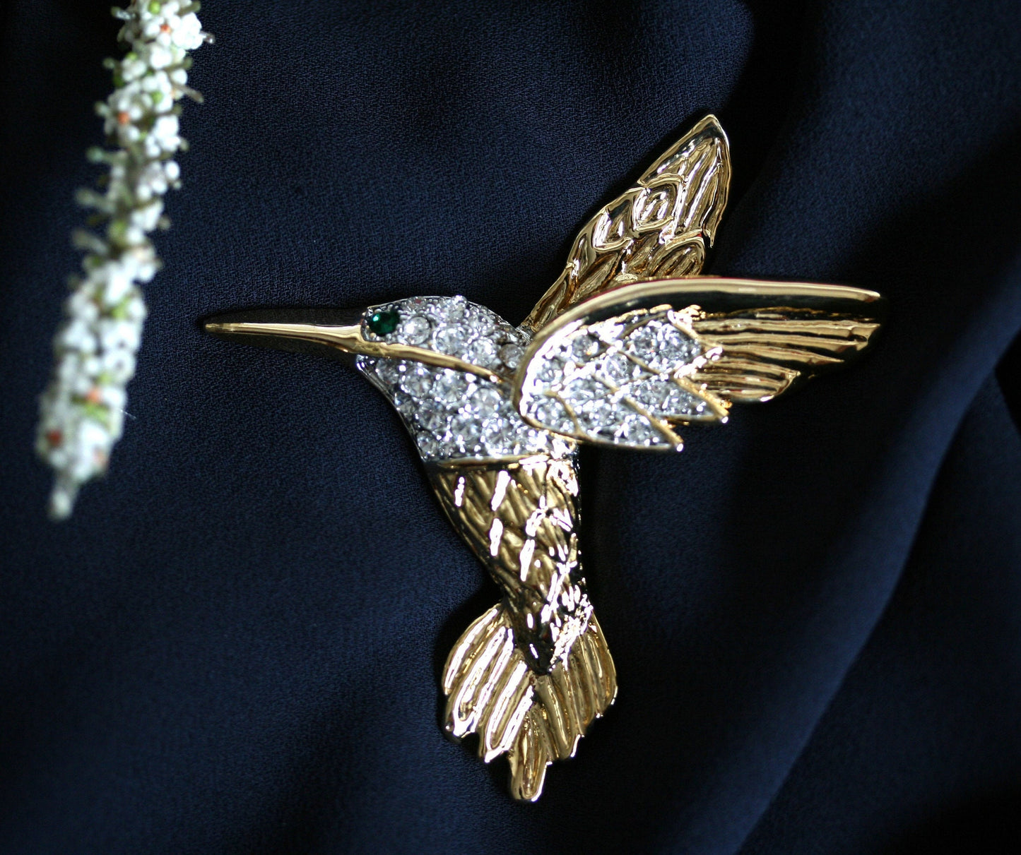 Vintage Two-Tone Clear Rhinestone Green Eye Hummingbird Brooch Pin
