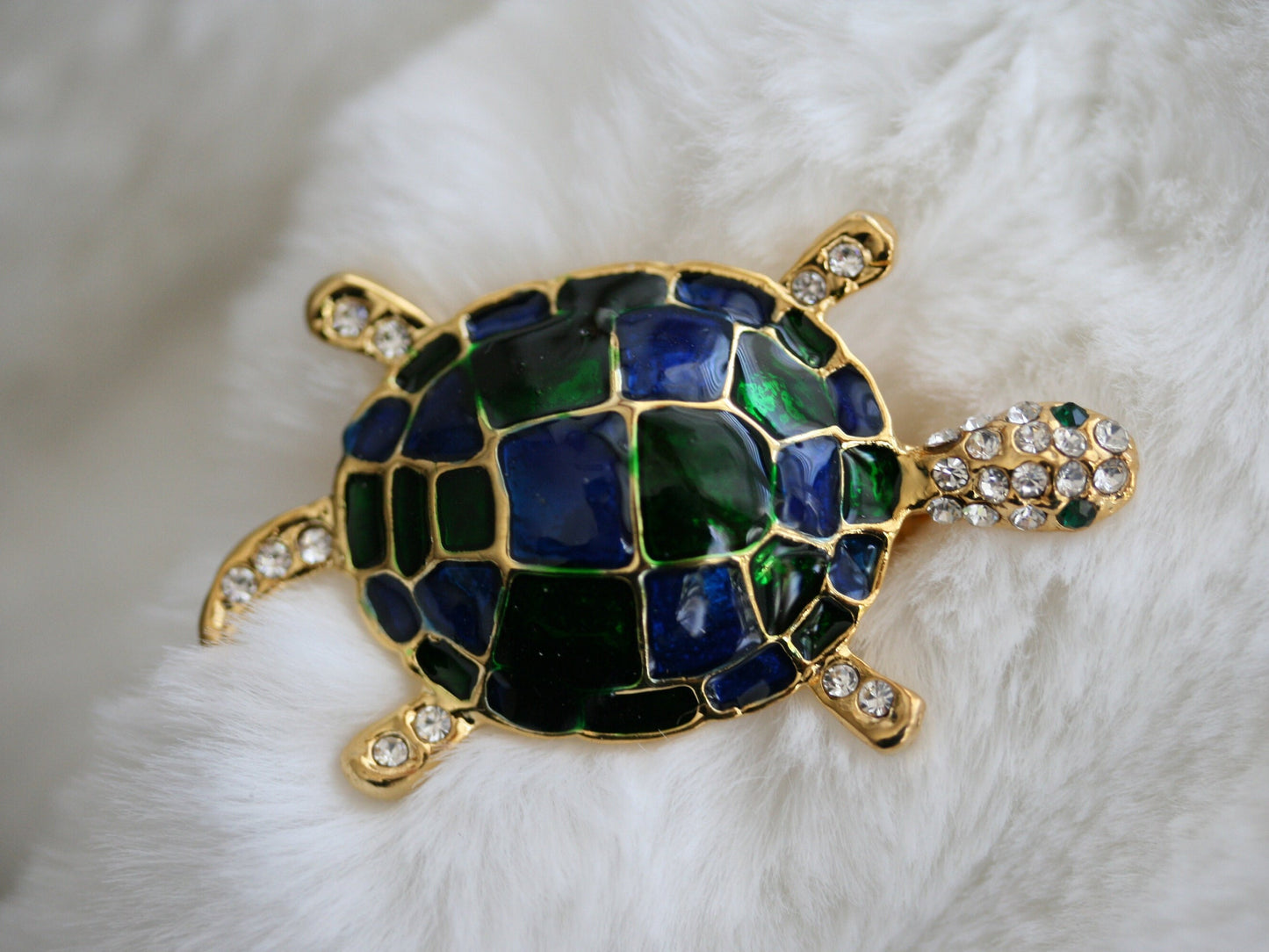 Blue and Green Enamel Rhinestone Turtle Brooch Pin Sea Turtle Jewelry