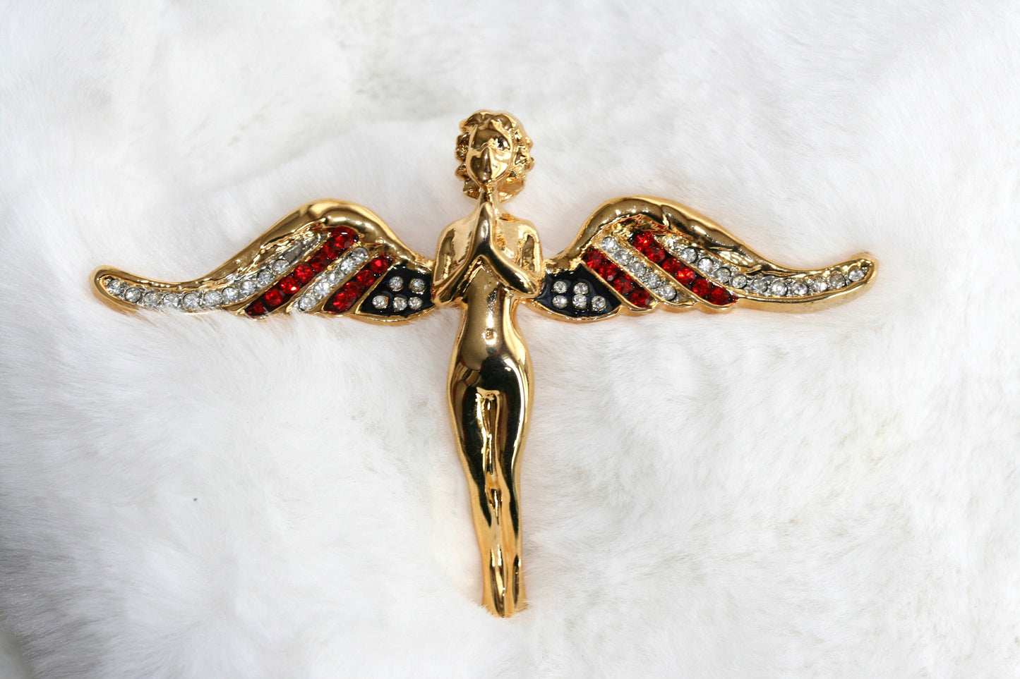 Vintage Flying Angel with Crystal USA Flag Wings Brooch Gold Tone