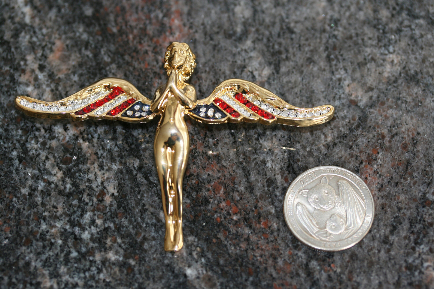 Vintage Flying Angel with Crystal USA Flag Wings Brooch Gold Tone