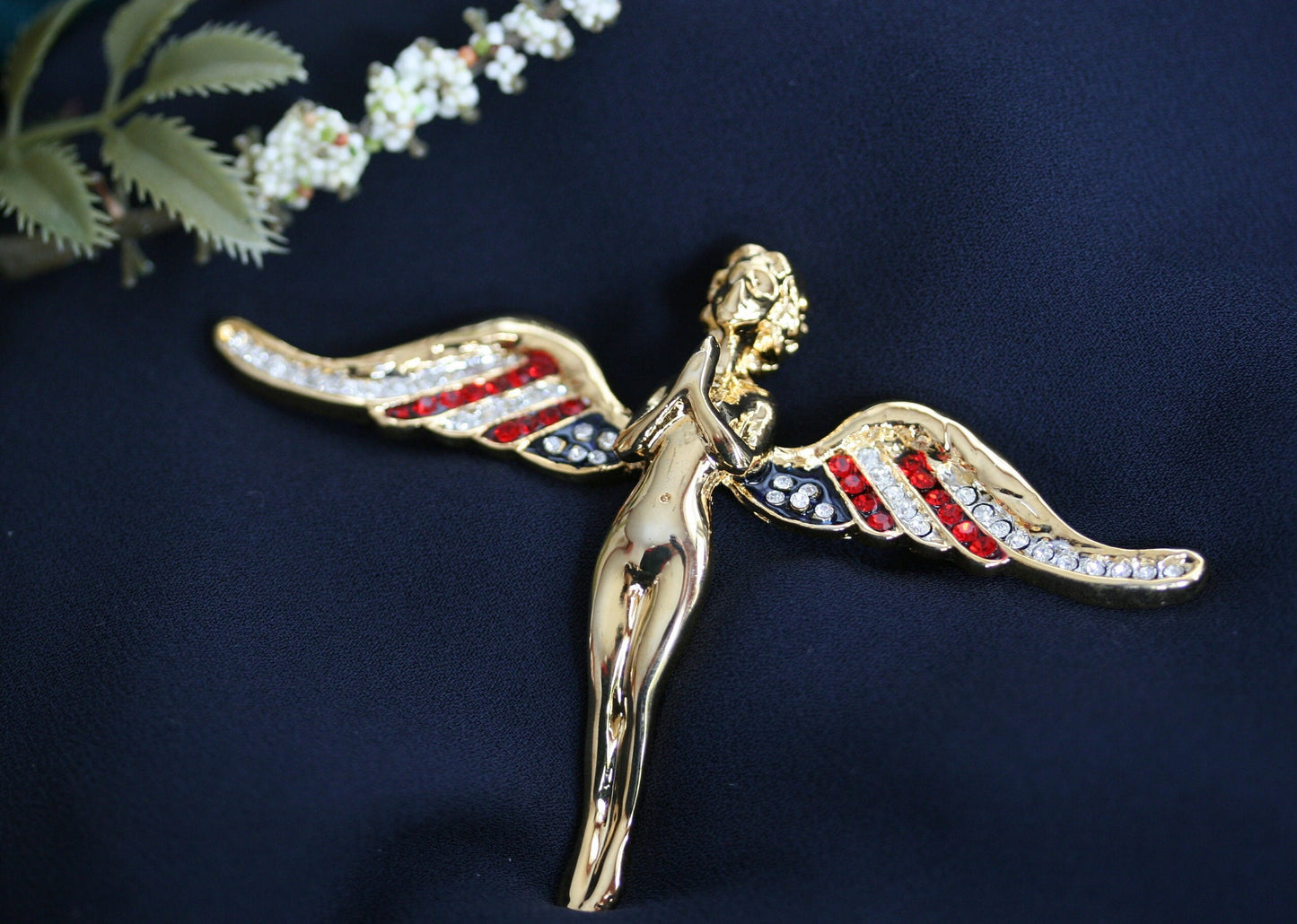 Vintage Flying Angel with Crystal USA Flag Wings Brooch Gold Tone