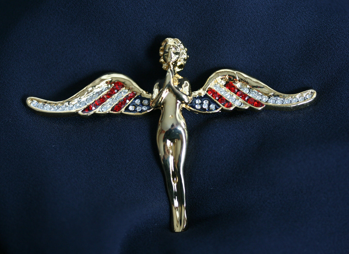 Vintage Flying Angel with Crystal USA Flag Wings Brooch Gold Tone
