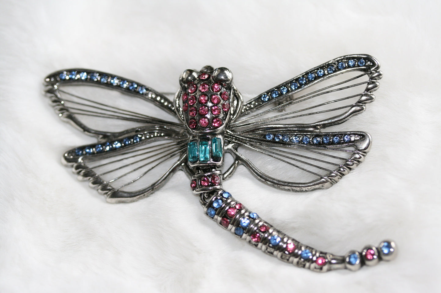 Vintage Dragonfly Rhinestone Head Wire Wings Articulated Tail Brooch Pin Dragonfly Statement Brooch