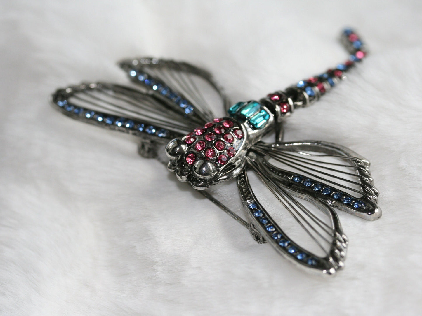 Vintage Dragonfly Rhinestone Head Wire Wings Articulated Tail Brooch Pin Dragonfly Statement Brooch