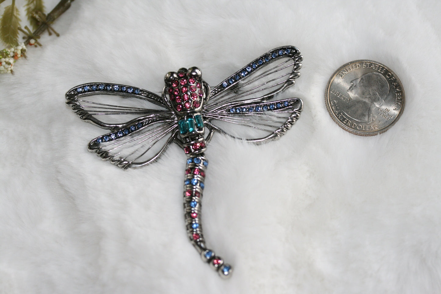 Vintage Dragonfly Rhinestone Head Wire Wings Articulated Tail Brooch Pin Dragonfly Statement Brooch
