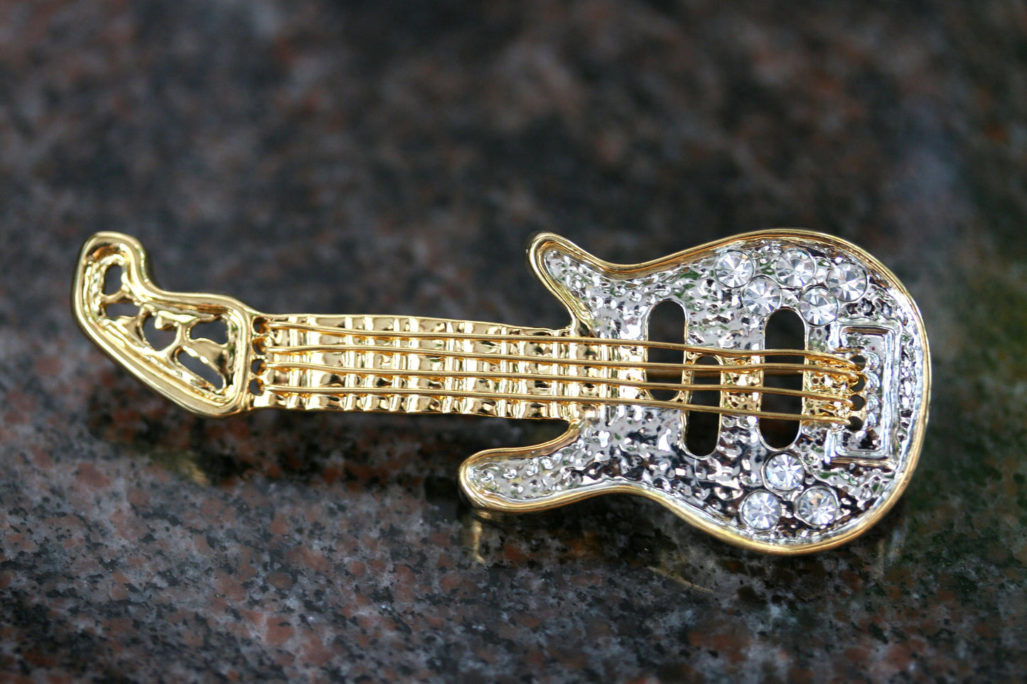 Golden Tone Clear Crystal Colored Rhinestones Acoustic Guitar, Electric Guitar Brooch Pin