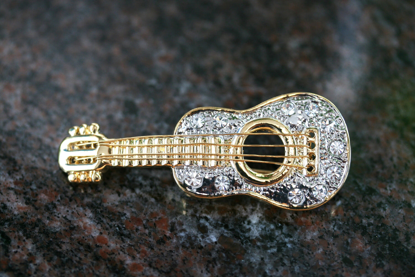 Golden Tone Clear Crystal Colored Rhinestones Acoustic Guitar, Electric Guitar Brooch Pin