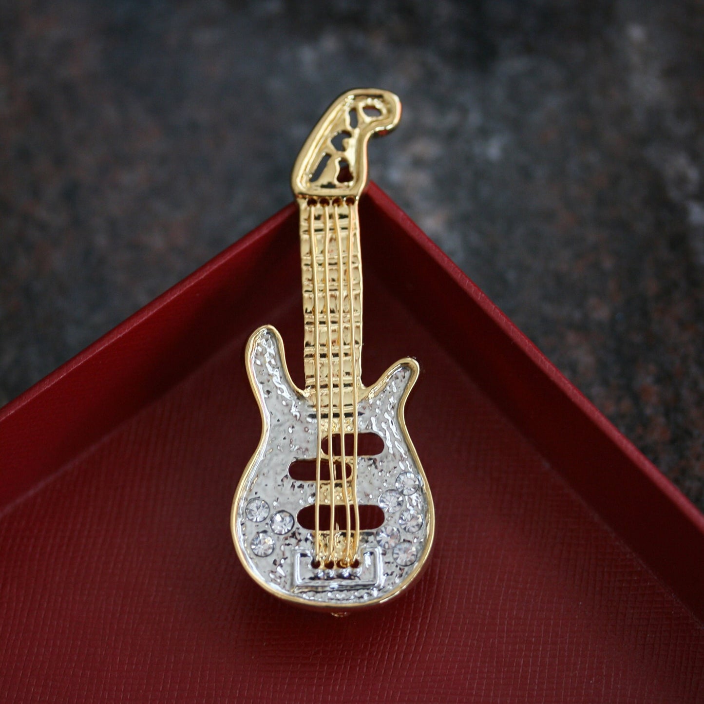 Golden Tone Clear Crystal Colored Rhinestones Acoustic Guitar, Electric Guitar Brooch Pin