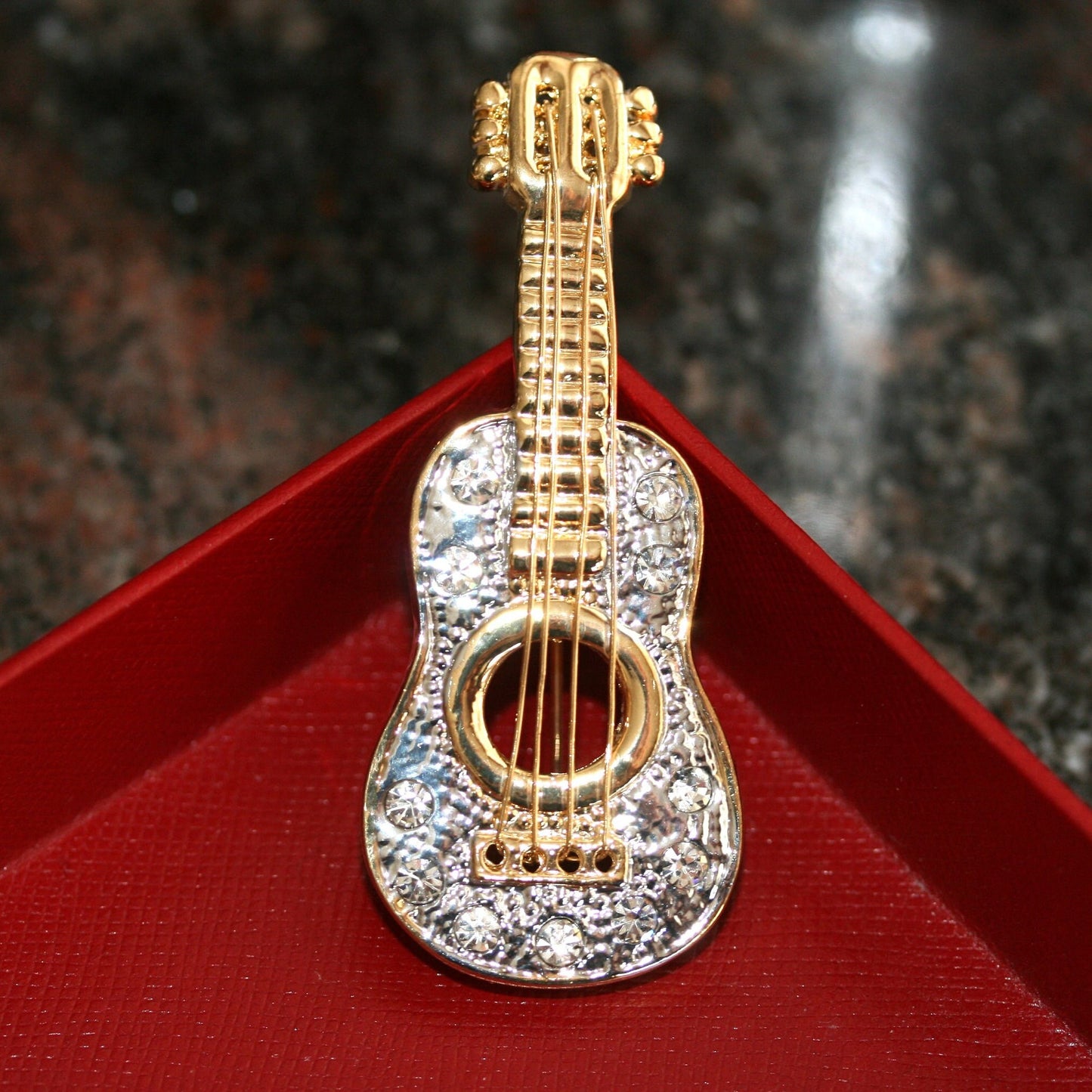 Golden Tone Clear Crystal Colored Rhinestones Acoustic Guitar, Electric Guitar Brooch Pin