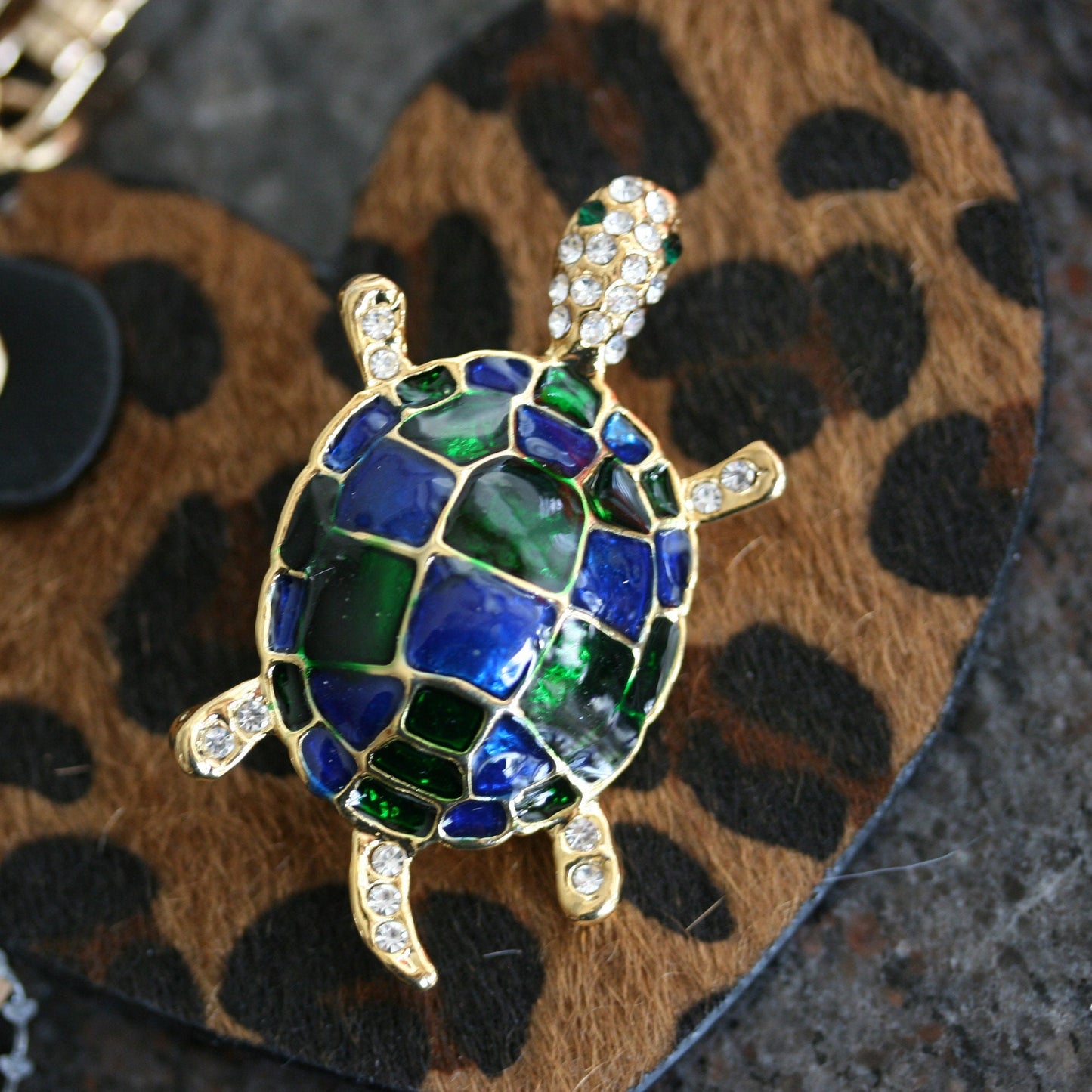 Blue and Green Enamel Rhinestone Turtle Brooch Pin Sea Turtle Jewelry