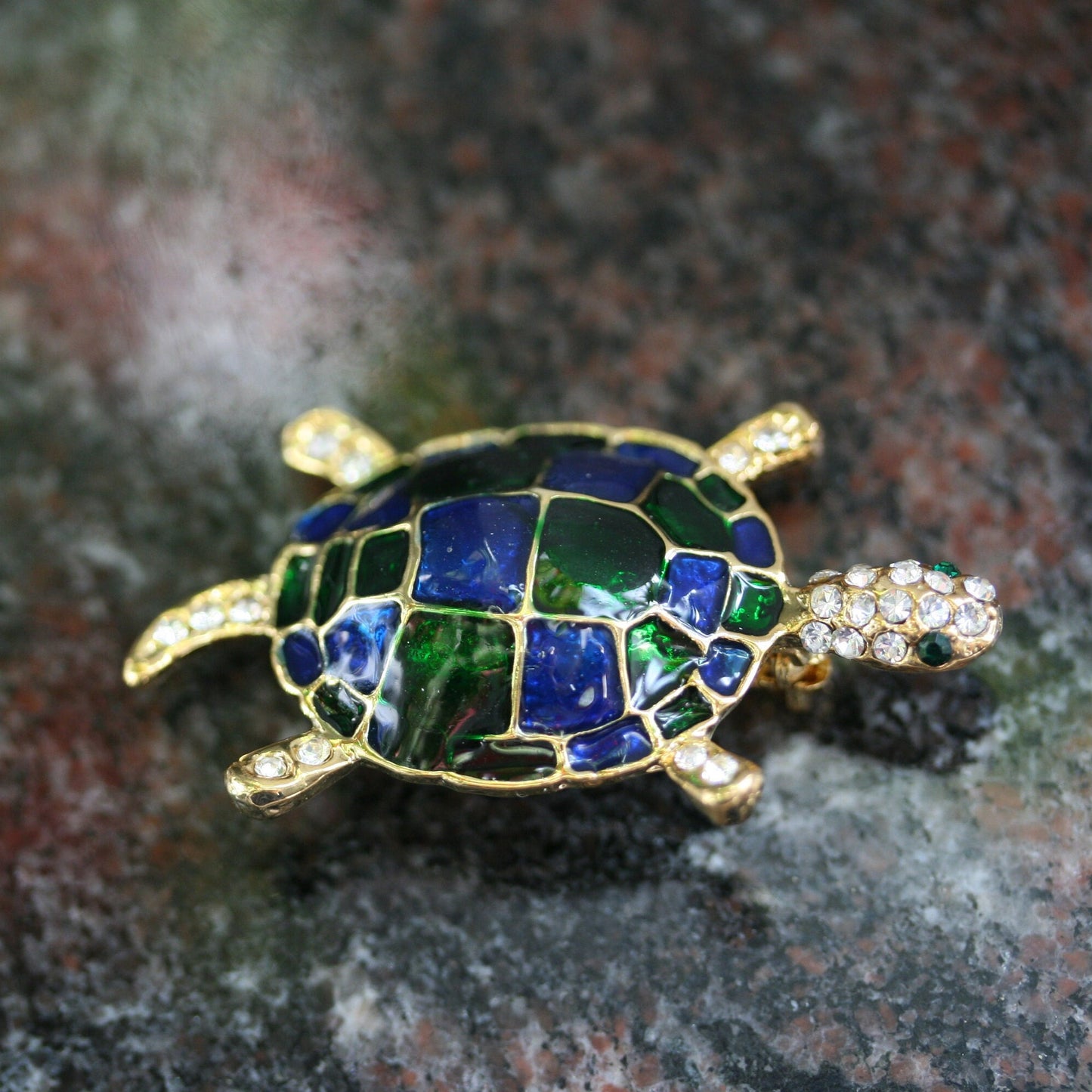 Blue and Green Enamel Rhinestone Turtle Brooch Pin Sea Turtle Jewelry