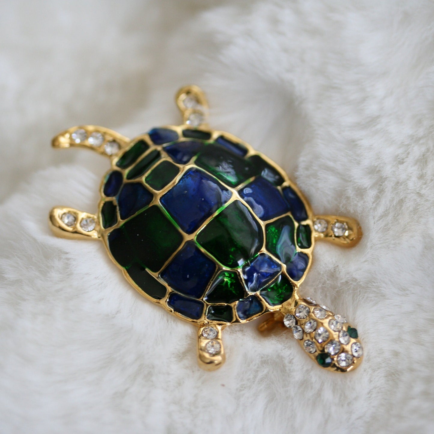 Blue and Green Enamel Rhinestone Turtle Brooch Pin Sea Turtle Jewelry