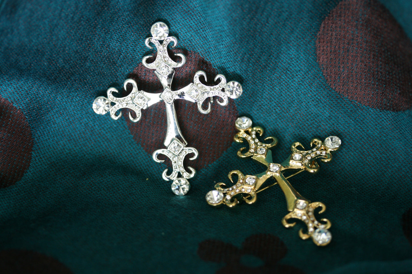 Vintage Rhinestone Cross Brooch, Gold Cross Pin, Silver Cross Pin
