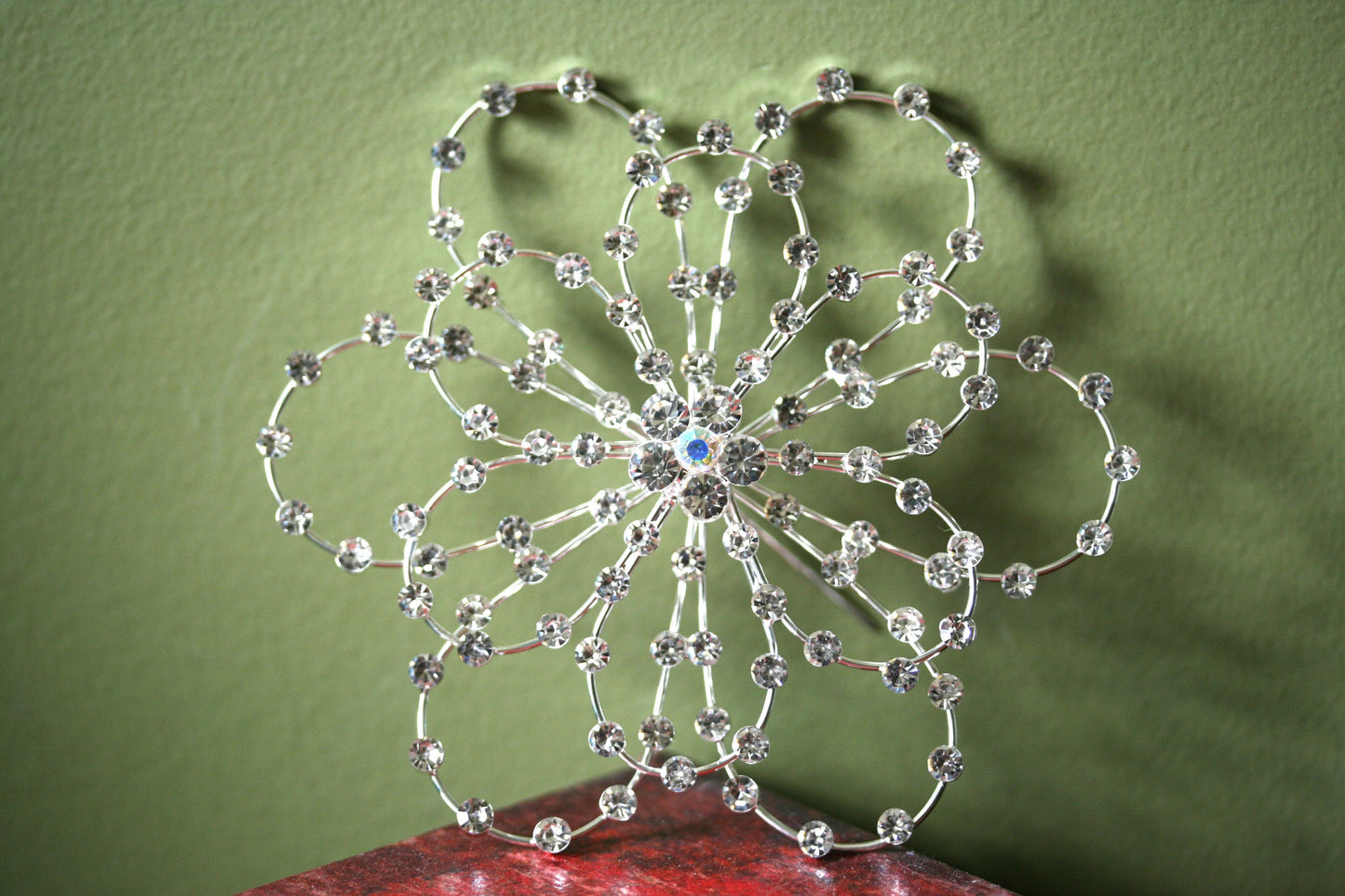 Large Rhinestone Flower Brooch-Pin Silver-Tone, Wedding Flower Pin