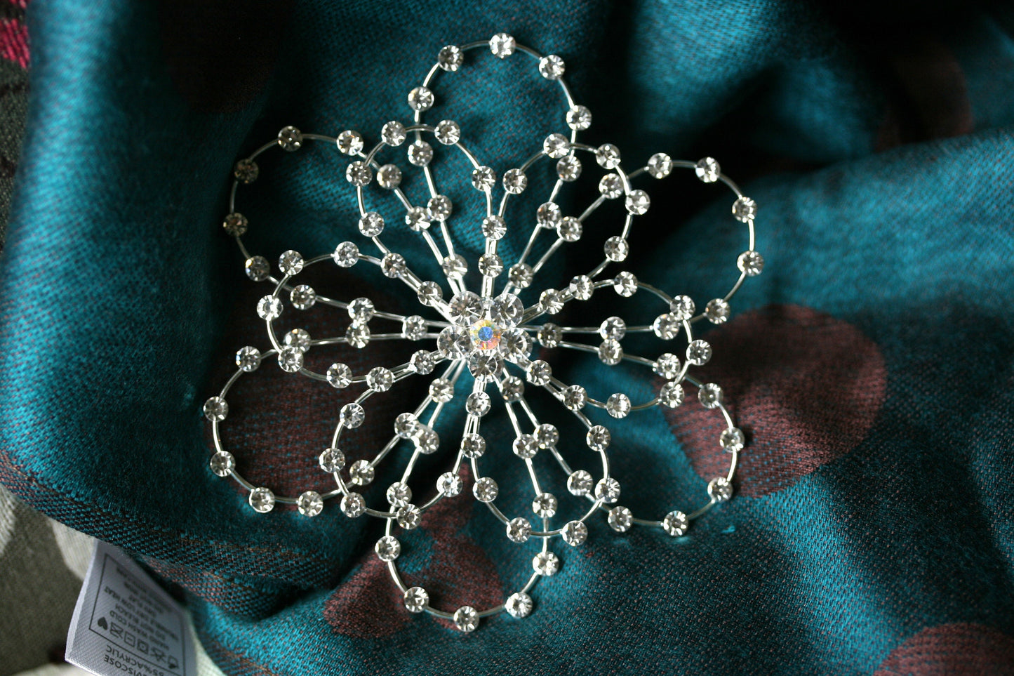 Large Rhinestone Flower Brooch-Pin Silver-Tone, Wedding Flower Pin