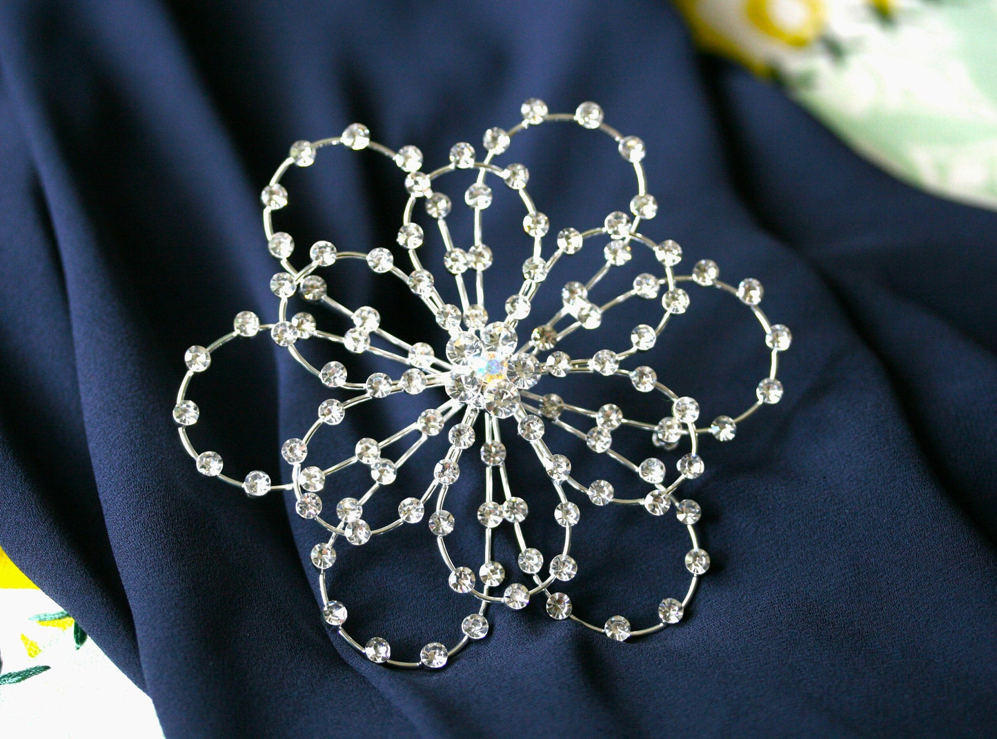 Large Rhinestone Flower Brooch-Pin Silver-Tone, Wedding Flower Pin