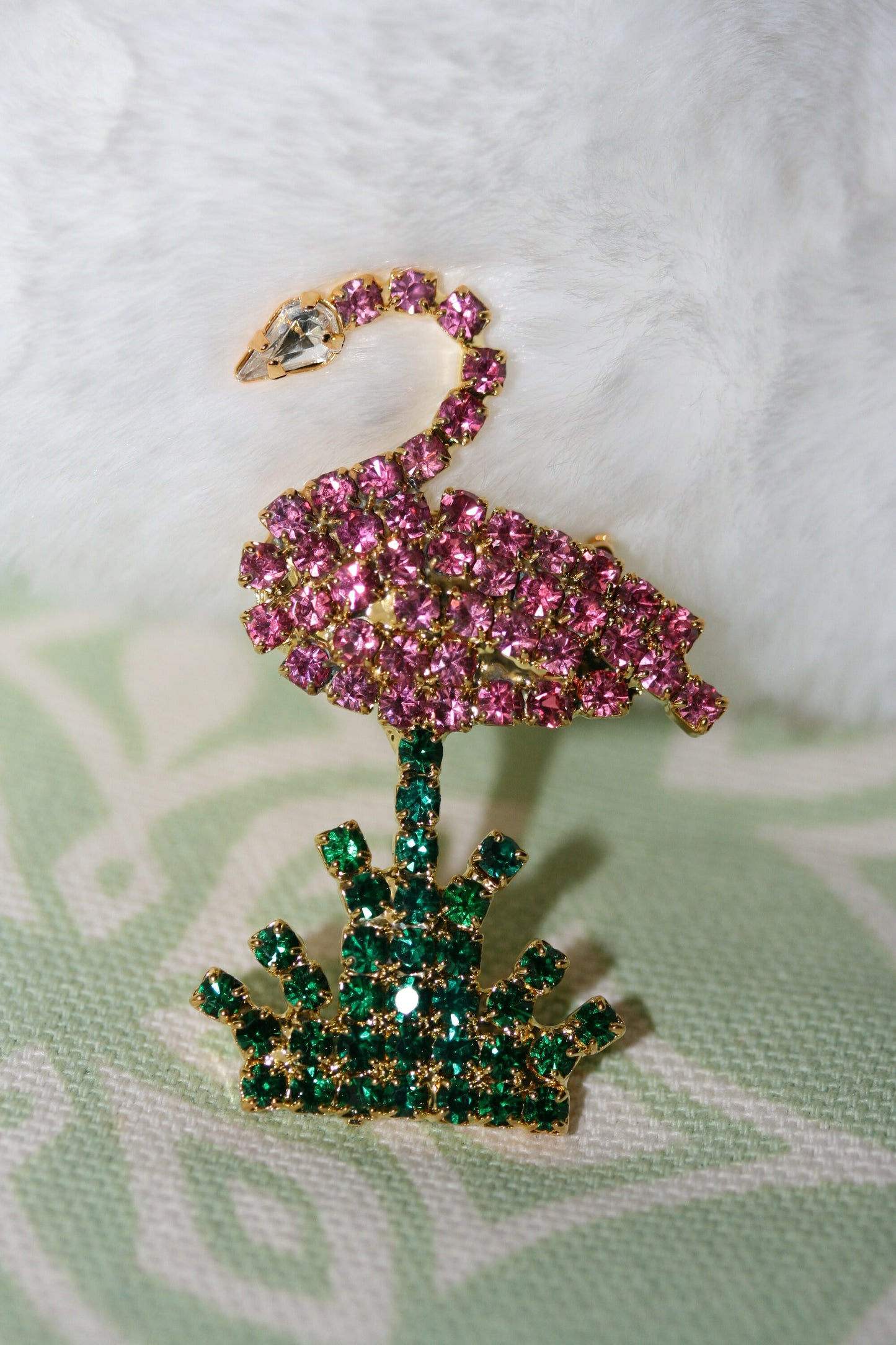 Vintage Rhinestone Flamingos Topical Pink Green Brooch Pin, Flamingo Earrings, Pink Flamingo Brooch