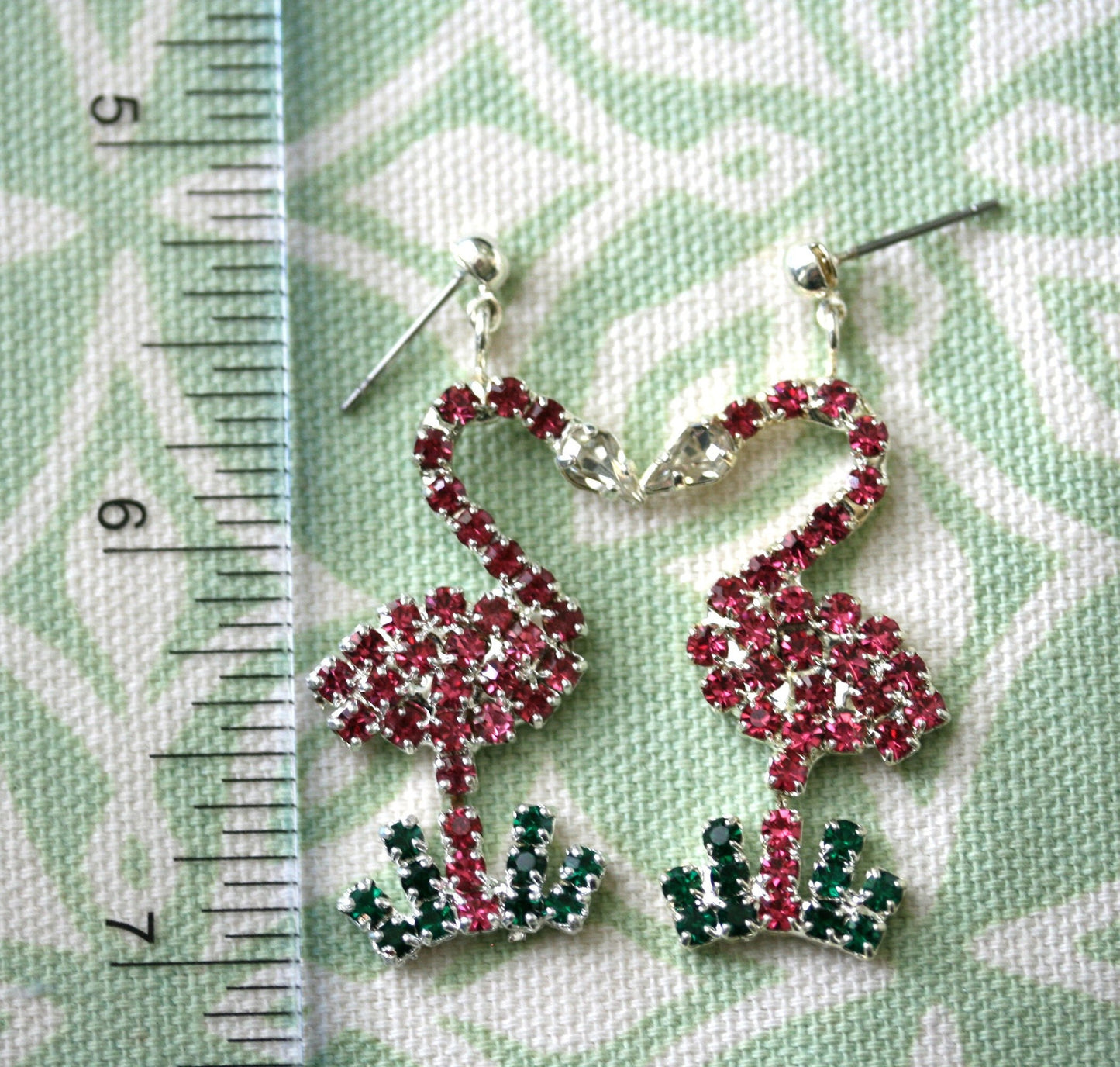 Vintage Rhinestone Flamingos Topical Pink Green Brooch Pin, Flamingo Earrings, Pink Flamingo Brooch