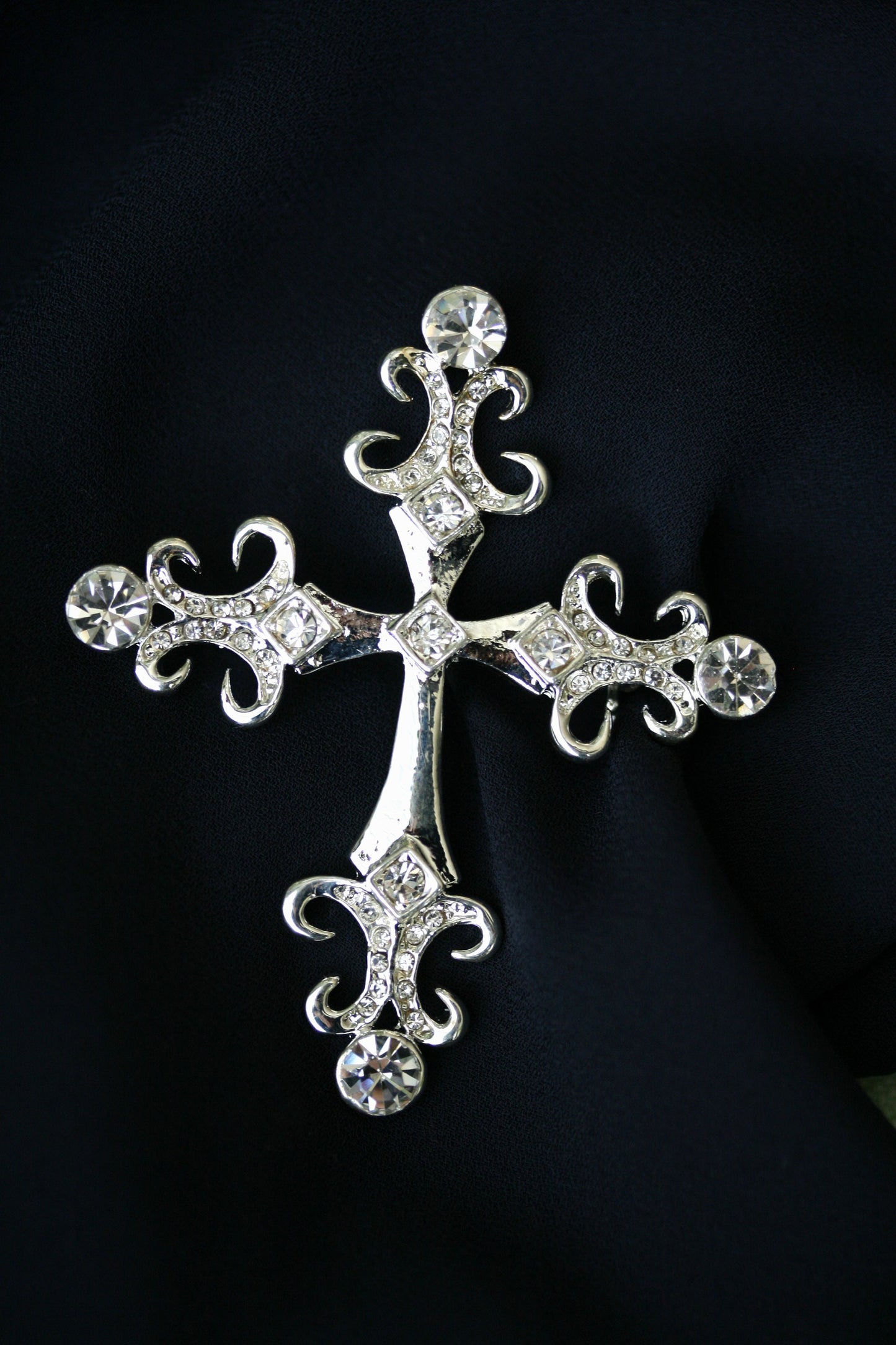 Vintage Rhinestone Cross Brooch, Gold Cross Pin, Silver Cross Pin