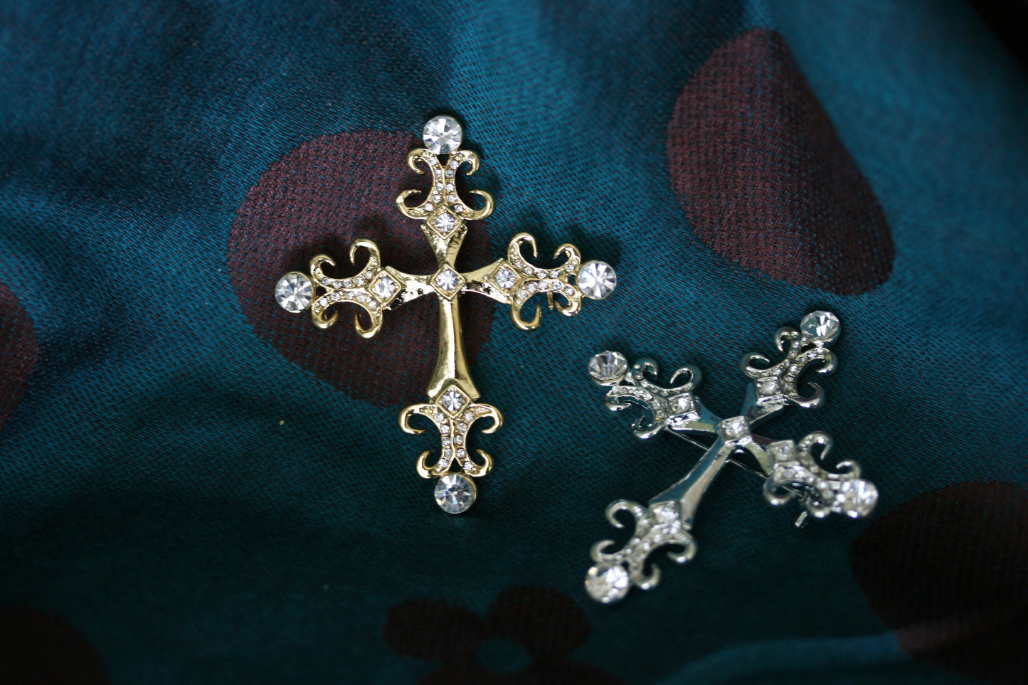 Vintage Rhinestone Cross Brooch, Gold Cross Pin, Silver Cross Pin