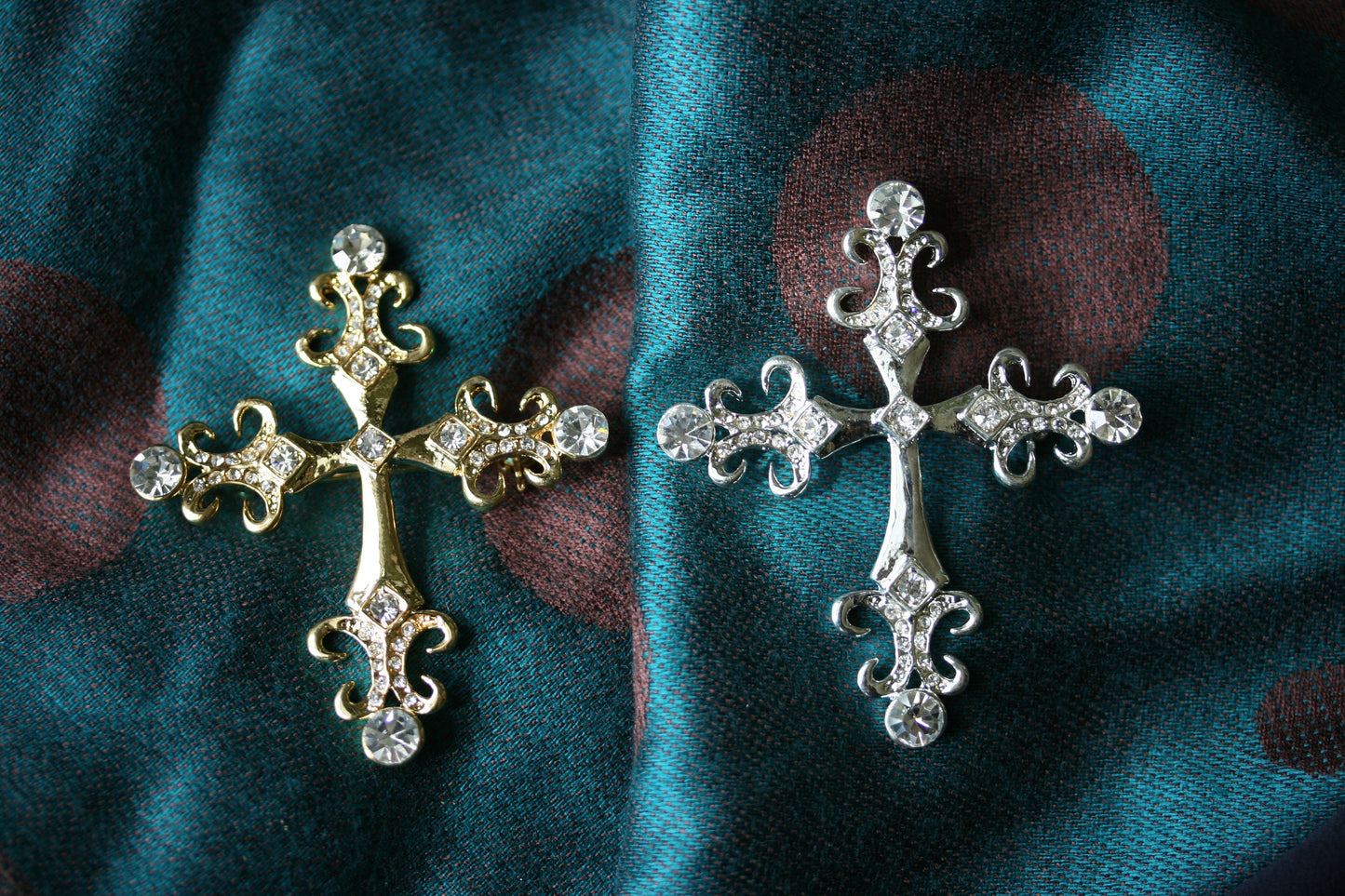 Vintage Rhinestone Cross Brooch, Gold Cross Pin, Silver Cross Pin