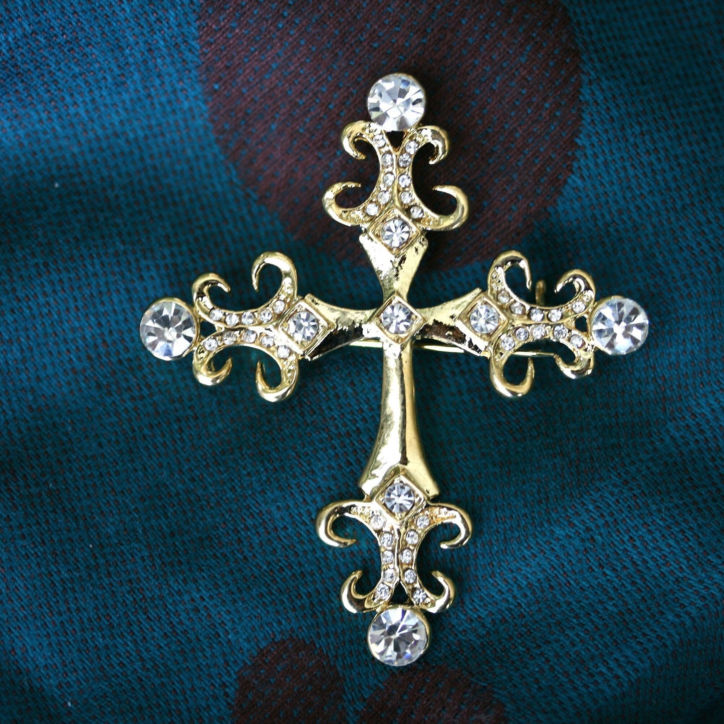 Vintage Rhinestone Cross Brooch, Gold Cross Pin, Silver Cross Pin