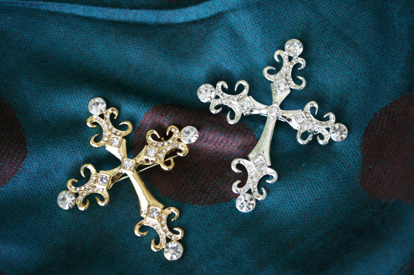 Vintage Rhinestone Cross Brooch, Gold Cross Pin, Silver Cross Pin