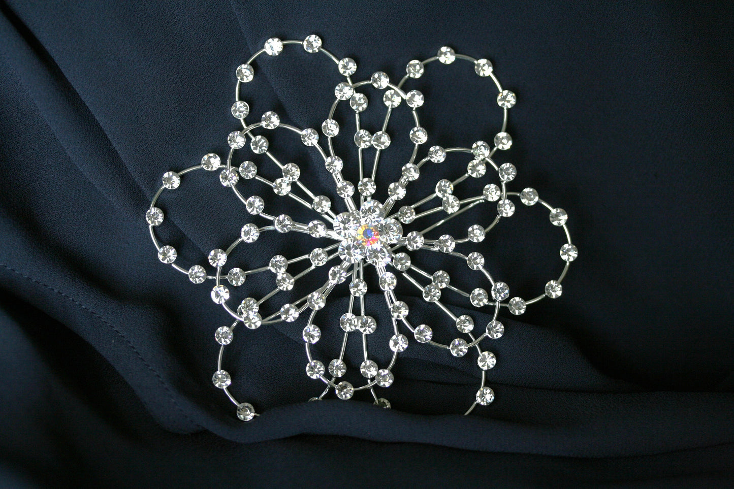 Large Rhinestone Flower Brooch-Pin Silver-Tone, Wedding Flower Pin