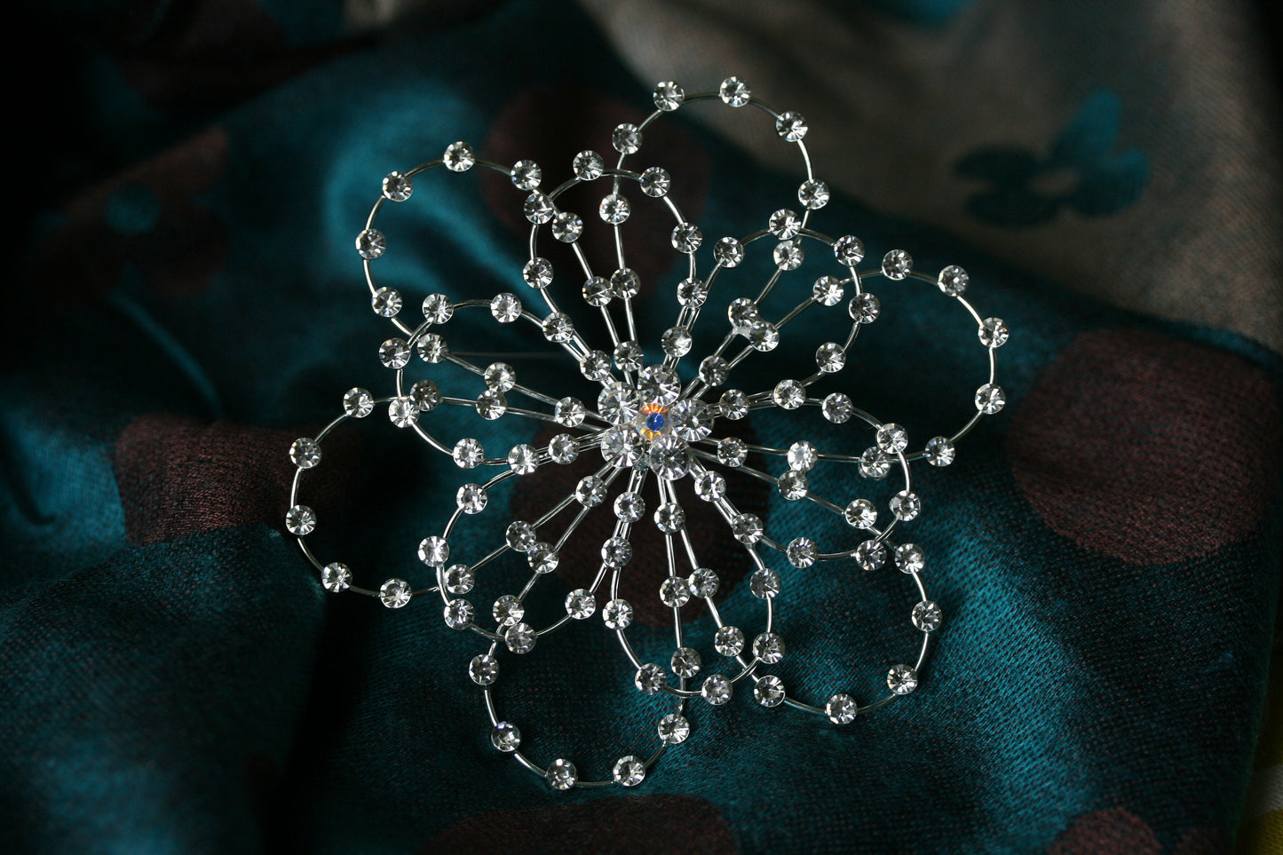 Large Rhinestone Flower Brooch-Pin Silver-Tone, Wedding Flower Pin