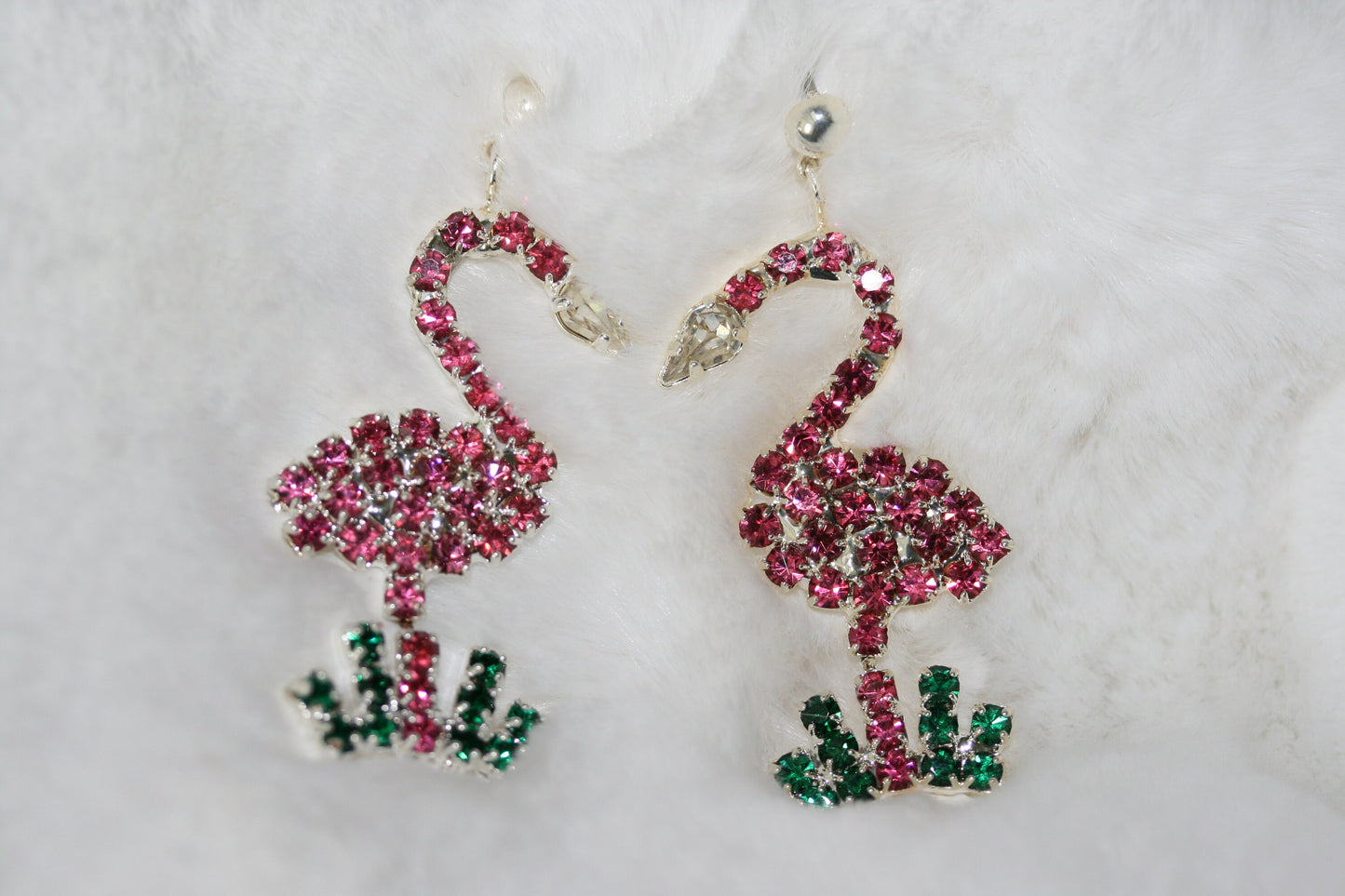Vintage Rhinestone Flamingos Topical Pink Green Brooch Pin, Flamingo Earrings, Pink Flamingo Brooch
