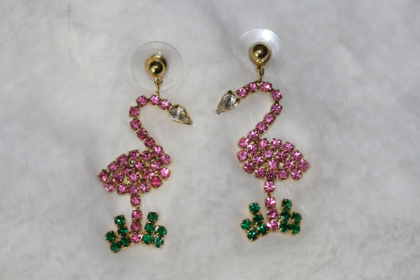Vintage Rhinestone Flamingos Topical Pink Green Brooch Pin, Flamingo Earrings, Pink Flamingo Brooch