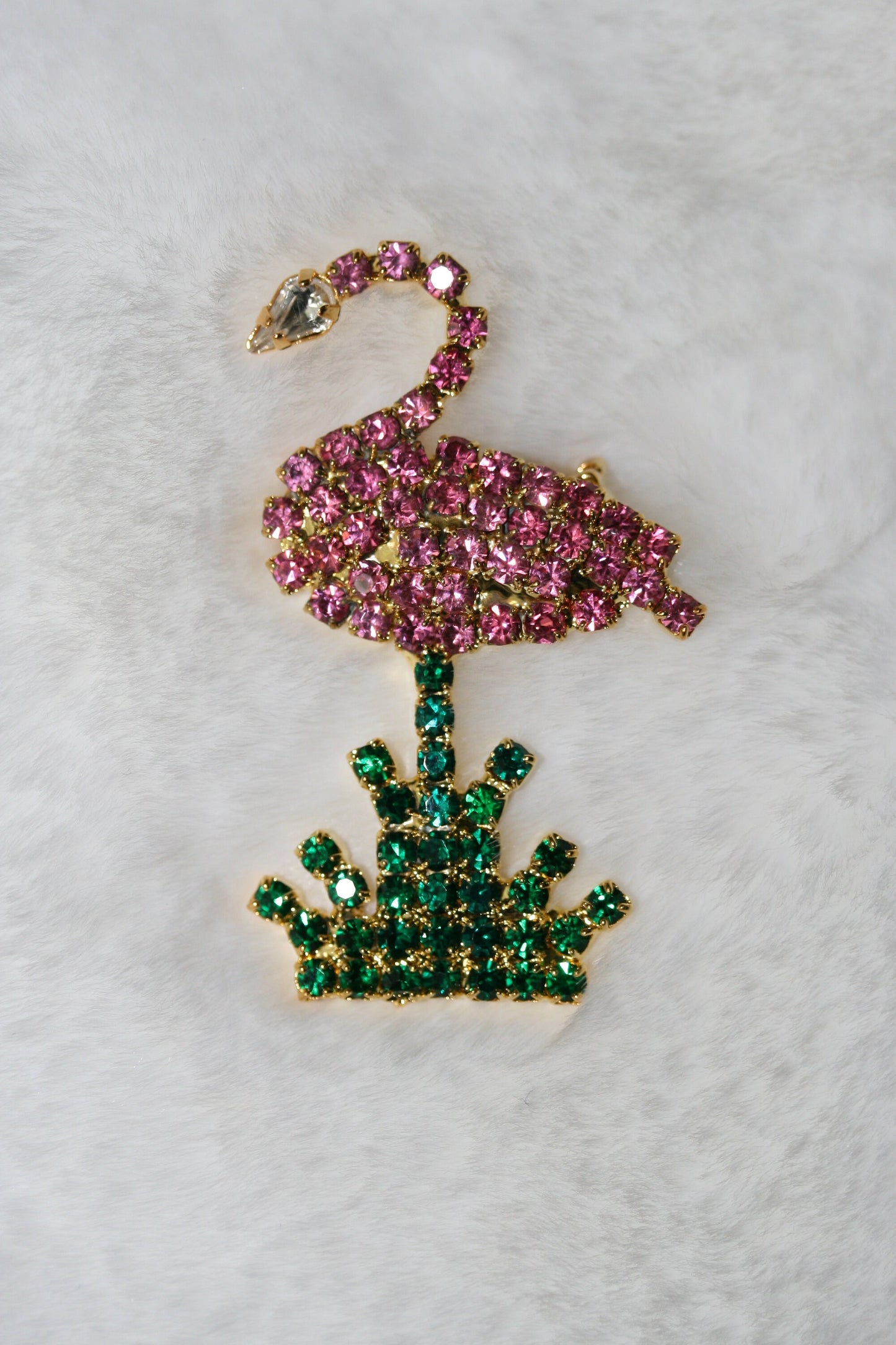 Vintage Rhinestone Flamingos Topical Pink Green Brooch Pin, Flamingo Earrings, Pink Flamingo Brooch