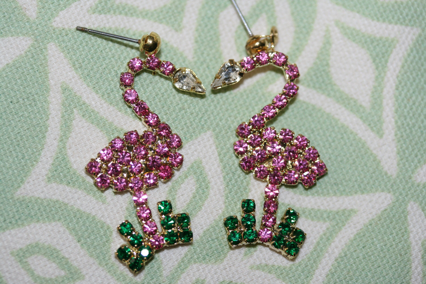 Vintage Rhinestone Flamingos Topical Pink Green Brooch Pin, Flamingo Earrings, Pink Flamingo Brooch